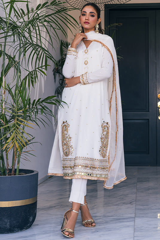White Gota & Mirror Work Crepe Silk Salwar Kameez (3-Piece) - Image 3
