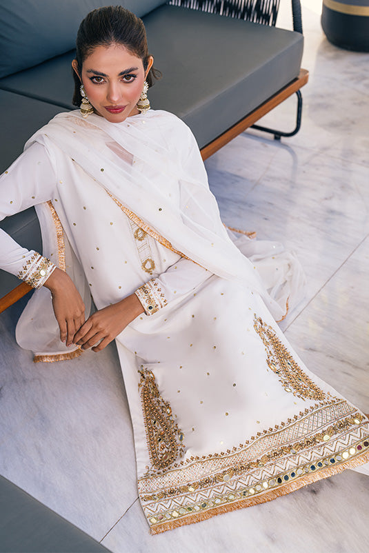 White Gota & Mirror Work Crepe Silk Salwar Kameez (3-Piece) - Image 6