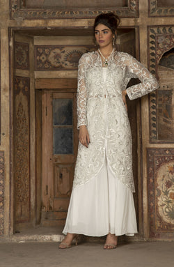 Pakistani White Hand-Embroidered Double Net Jacket (3-Piece) - Image 1