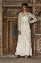 Pakistani White Hand-Embroidered Double Net Jacket (3-Piece) - Image 2