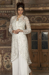 Pakistani White Hand-Embroidered Double Net Jacket (3-Piece) - Image 3