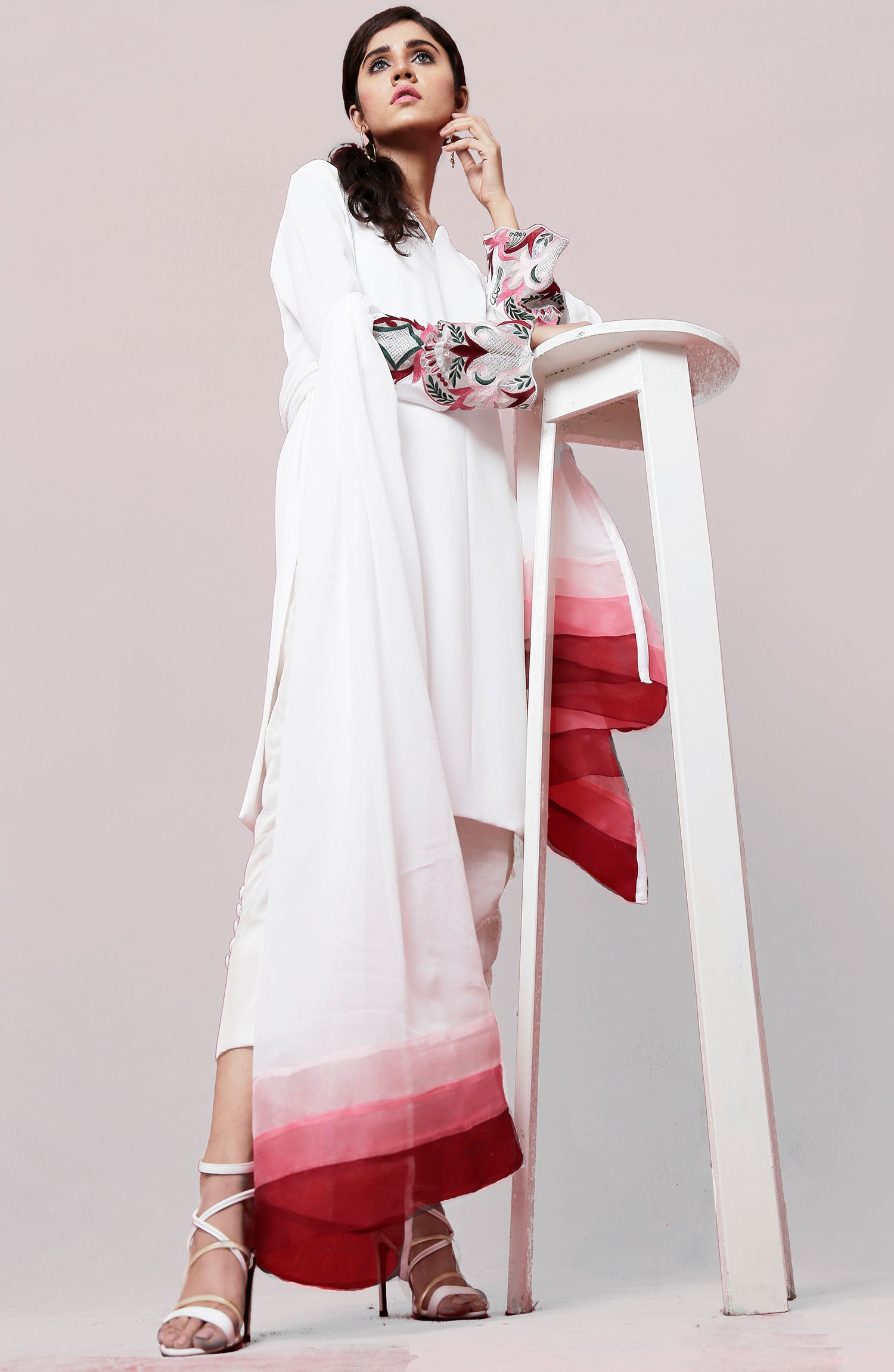 White Embroidered Georgette Chiffon Salwar Kameez (3-Piece) - Image 4