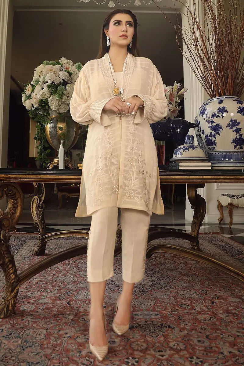 Pakistani White Embroidered Georgette Jacket with Silk Trousers (2-Piece) - Image 1