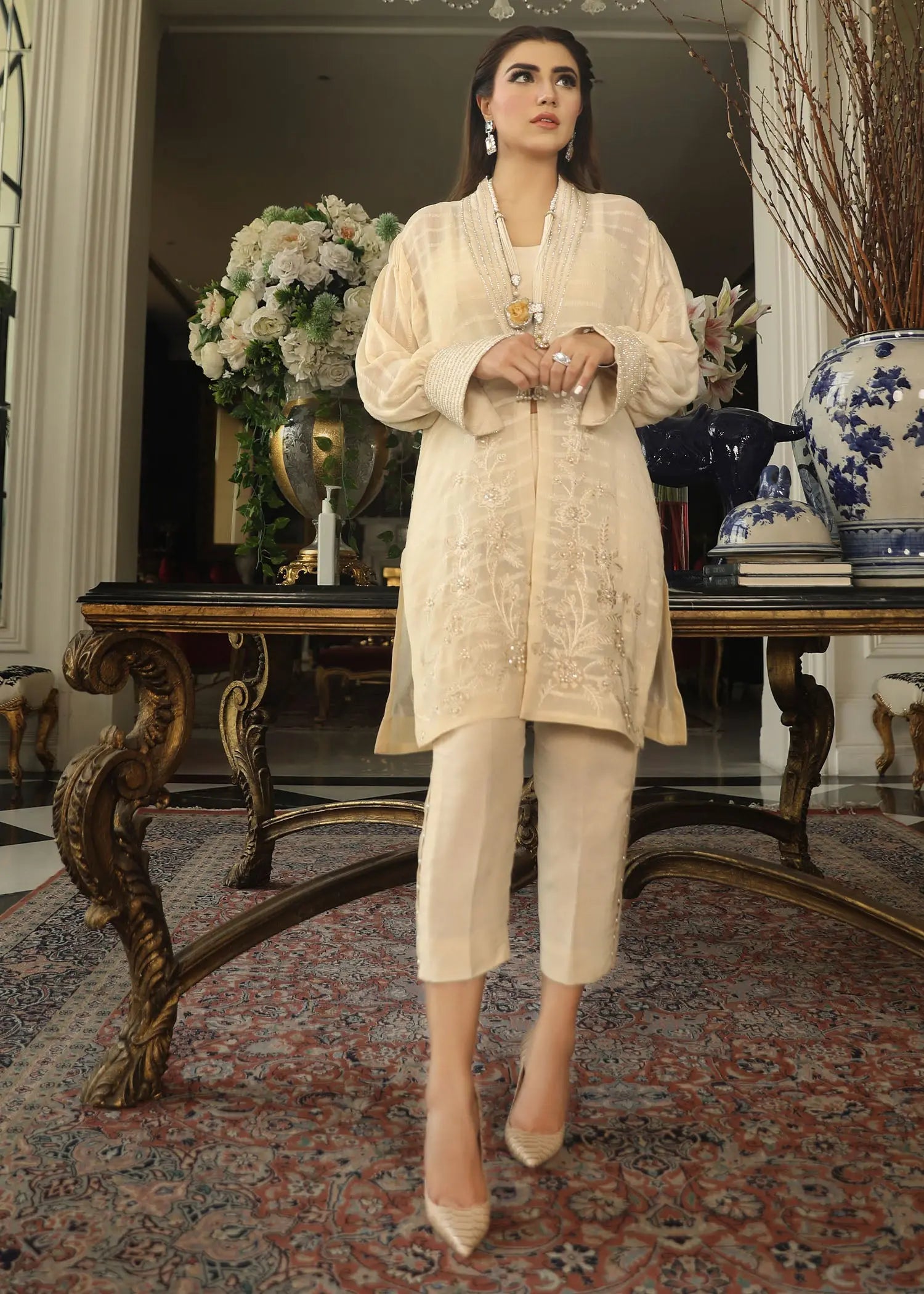 Pakistani White Embroidered Georgette Jacket with Silk Trousers (2-Piece) - Image 11