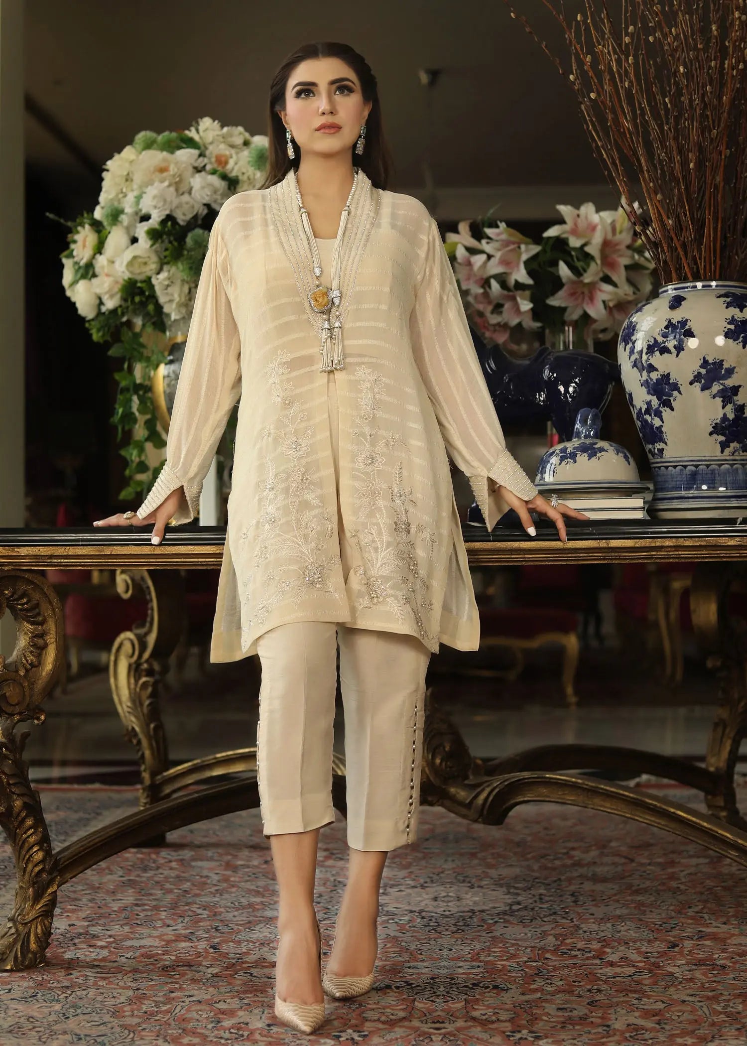 Pakistani White Embroidered Georgette Jacket with Silk Trousers (2-Piece) - Image 12