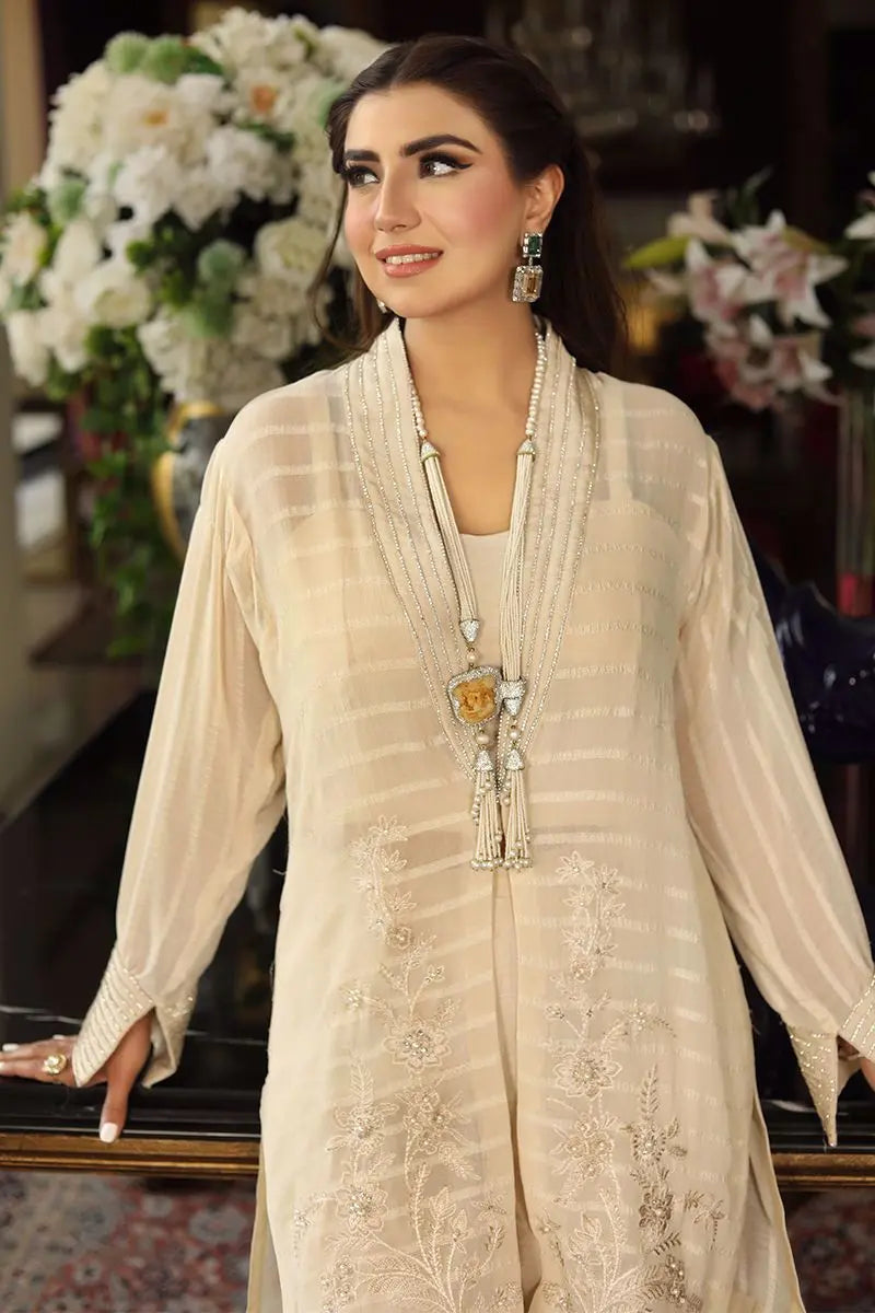 Pakistani White Embroidered Georgette Jacket with Silk Trousers (2-Piece) - Image 2