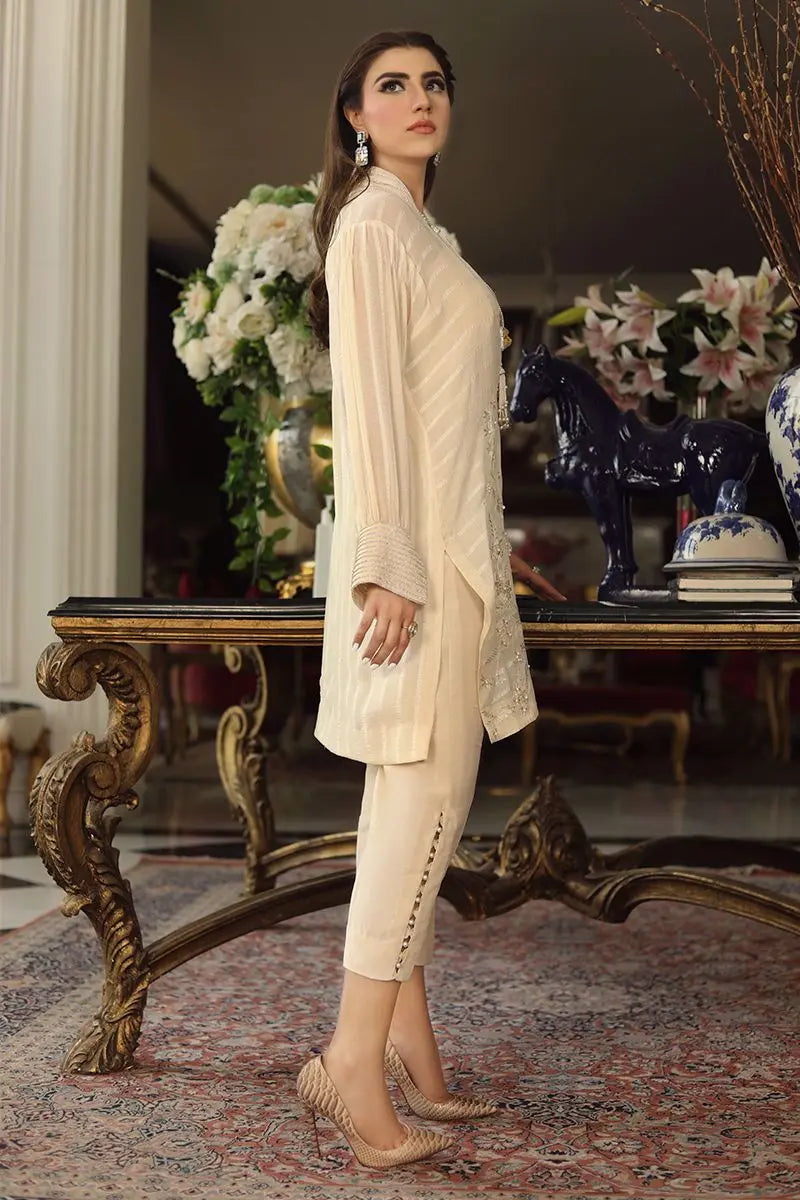 Pakistani White Embroidered Georgette Jacket with Silk Trousers (2-Piece) - Image 3