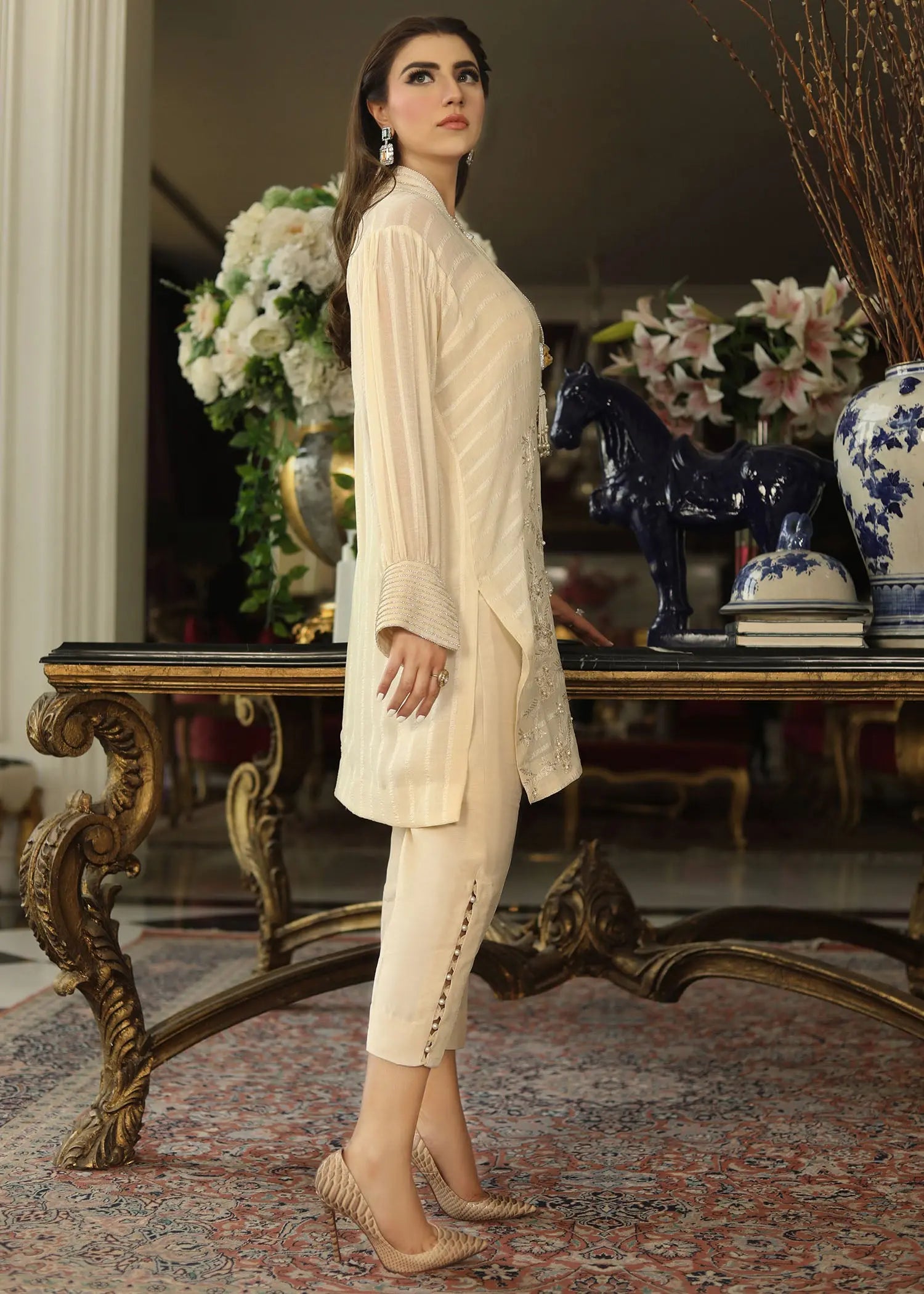Pakistani White Embroidered Georgette Jacket with Silk Trousers (2-Piece) - Image 5