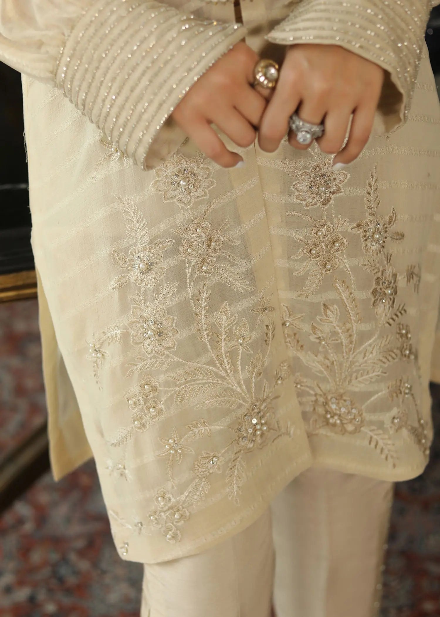 Pakistani White Embroidered Georgette Jacket with Silk Trousers (2-Piece) - Image 8