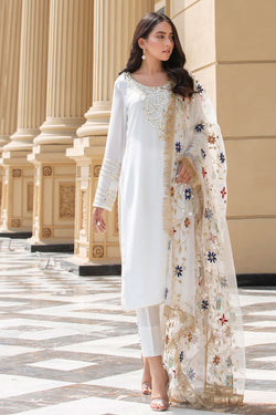 White Pani-Mirror Georgette Chiffon Salwar Kameez (3-Piece) - Image 1