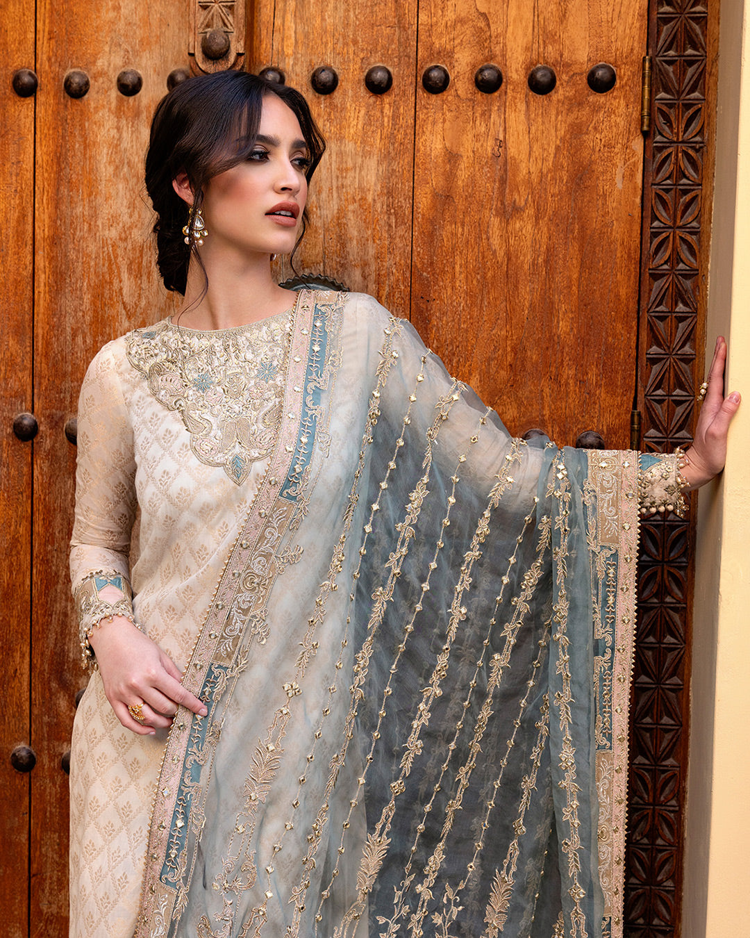 White Karandi Embroidered Salwar Kameez (3-Piece) - Image 2