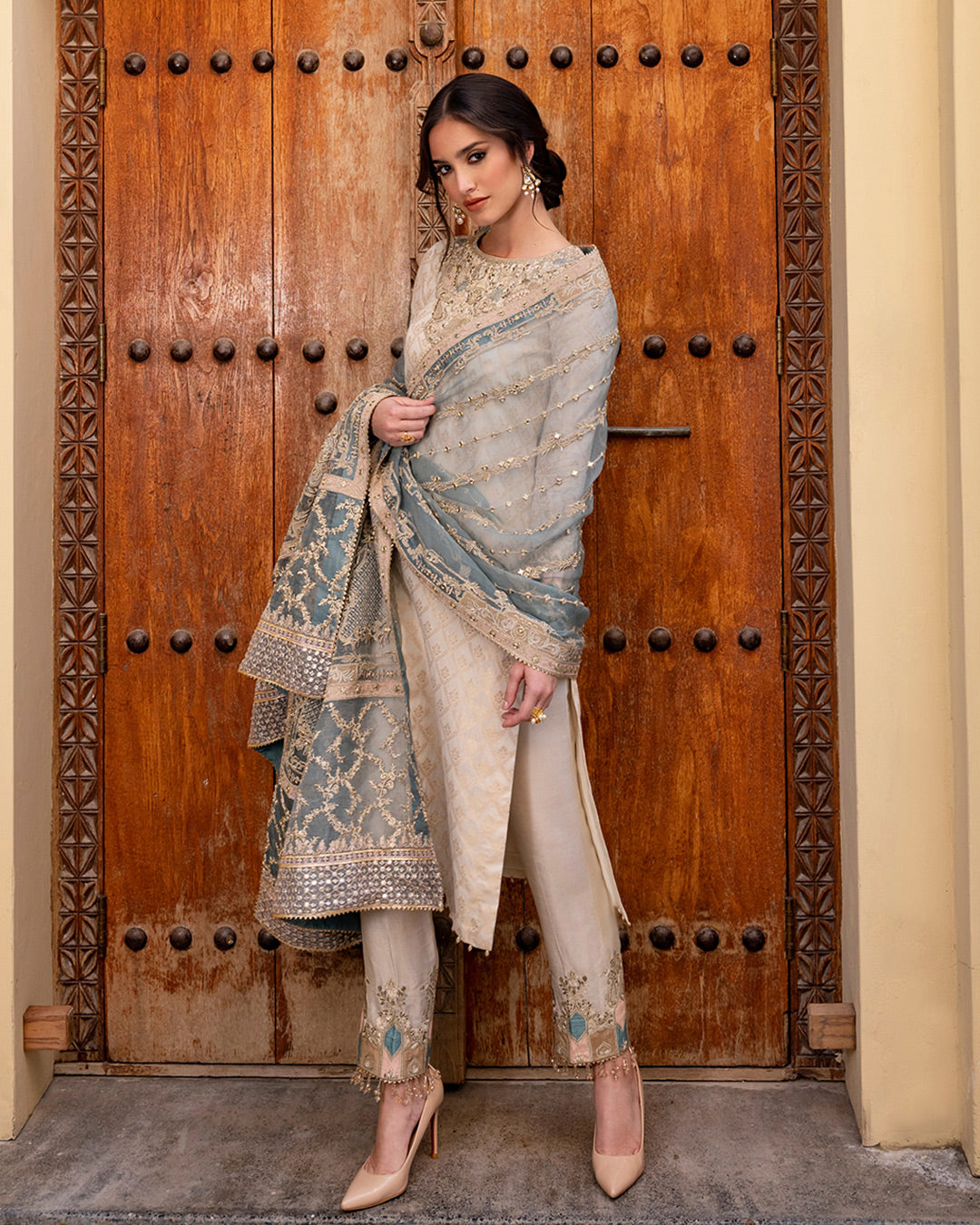 White Karandi Embroidered Salwar Kameez (3-Piece) - Image 5