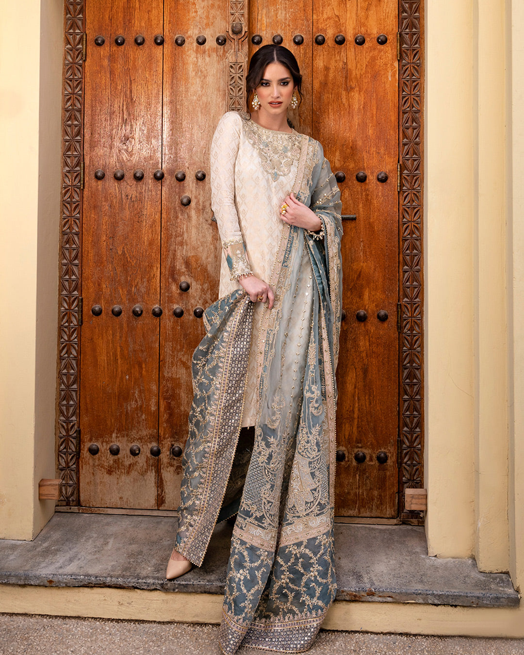 Pakistani White Embroidered Karandi Salwar Kameez (3-Piece) - Image 1