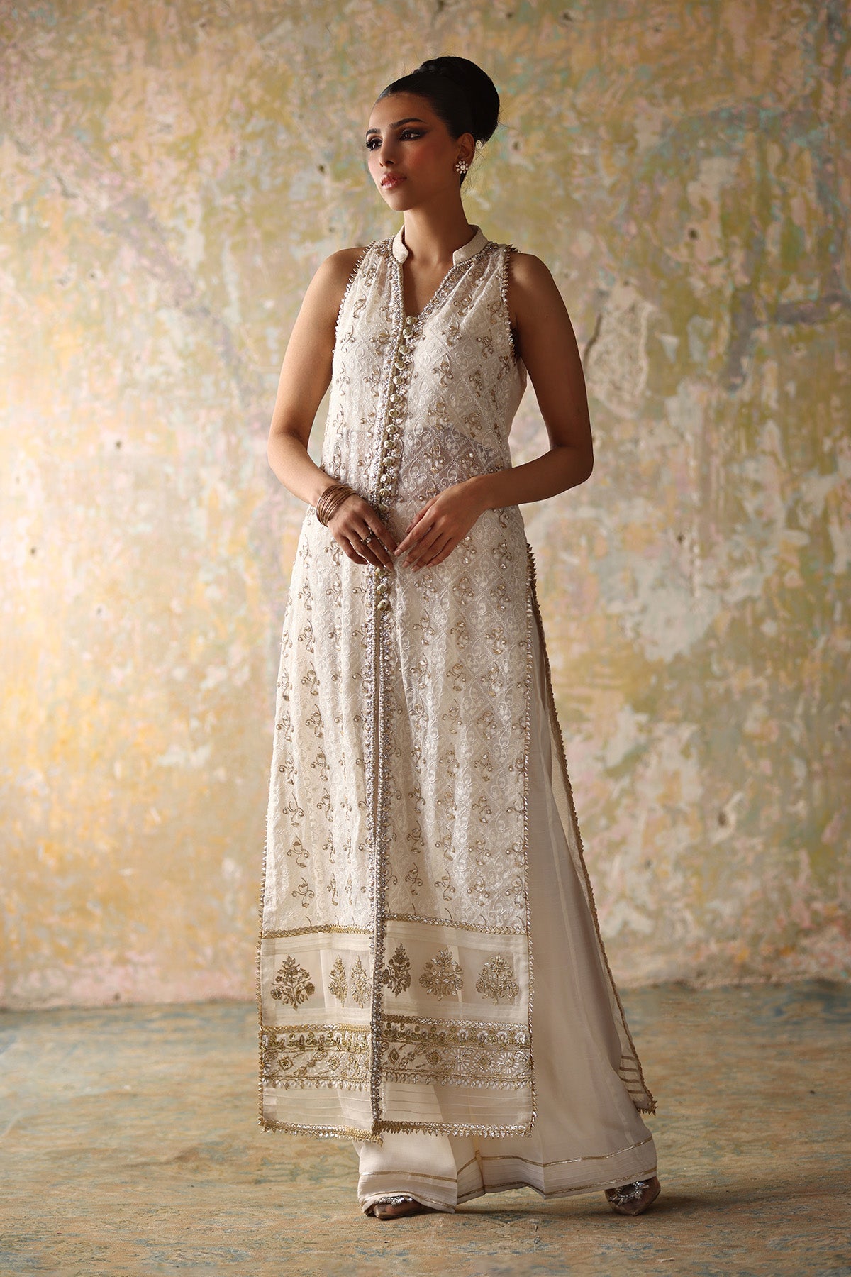 White Embroidered Khaadi Net & Silk Long Jacket (2-Piece) - Image 1