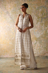 White Embroidered Khaadi Net & Silk Long Jacket (2-Piece) - Image 4