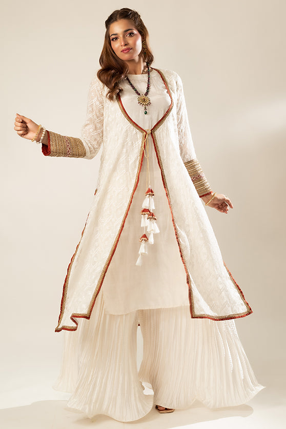 White Embroidered Khaadi Net & Silk Salwar Kameez (4-Piece) - Image 3