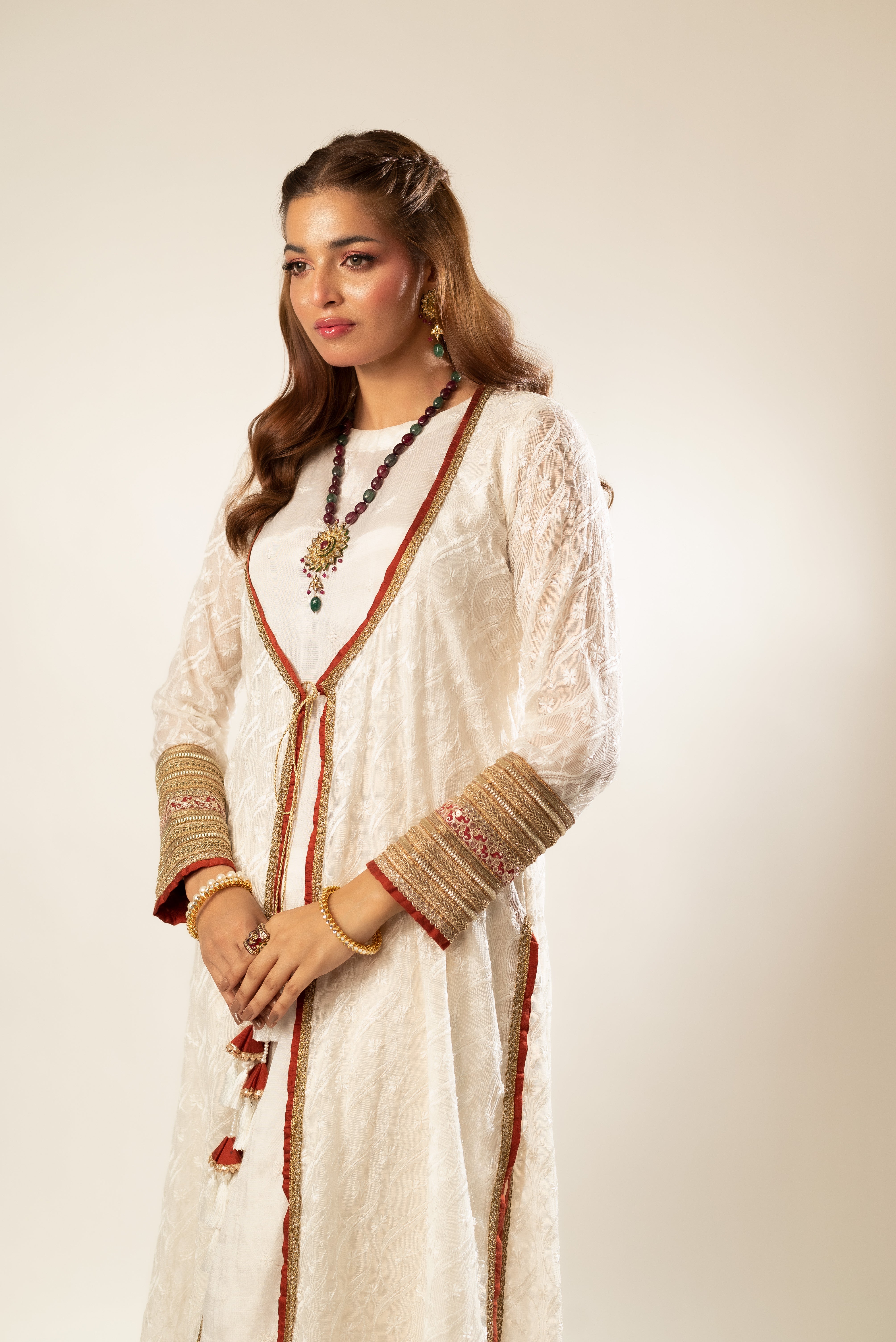 White Embroidered Khaadi Net & Silk Salwar Kameez (4-Piece) - Image 4