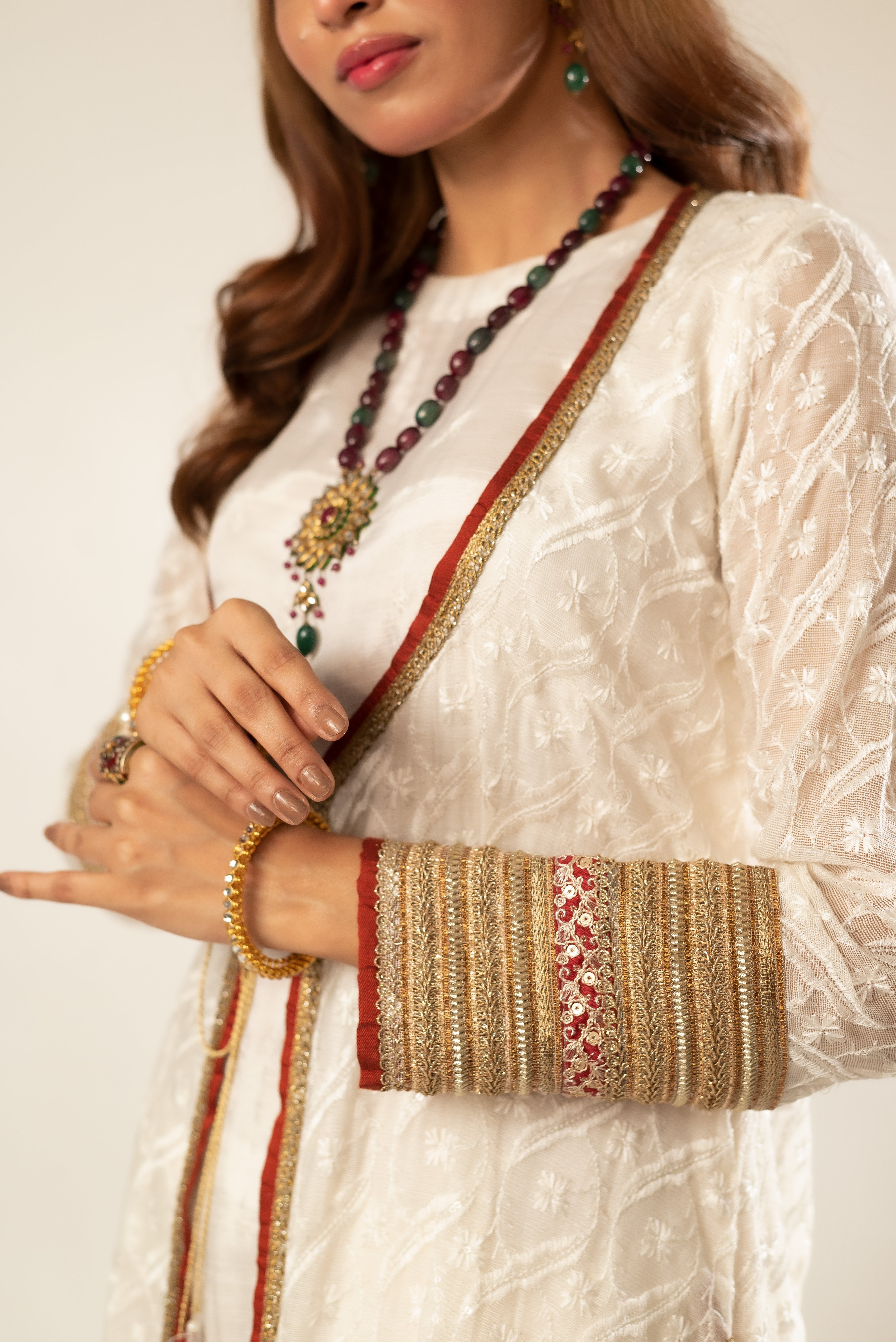 White Embroidered Khaadi Net & Silk Salwar Kameez (4-Piece) - Image 5