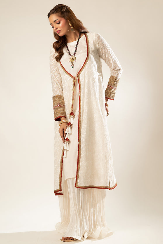 White Embroidered Khaadi Net & Silk Salwar Kameez (4-Piece) - Image 8