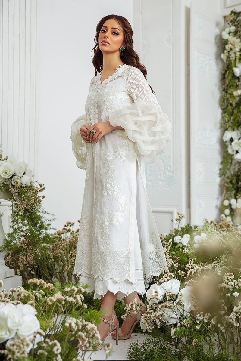 White Embroidered Khaddi Net Salwar Kameez (2-Piece) - Image 1