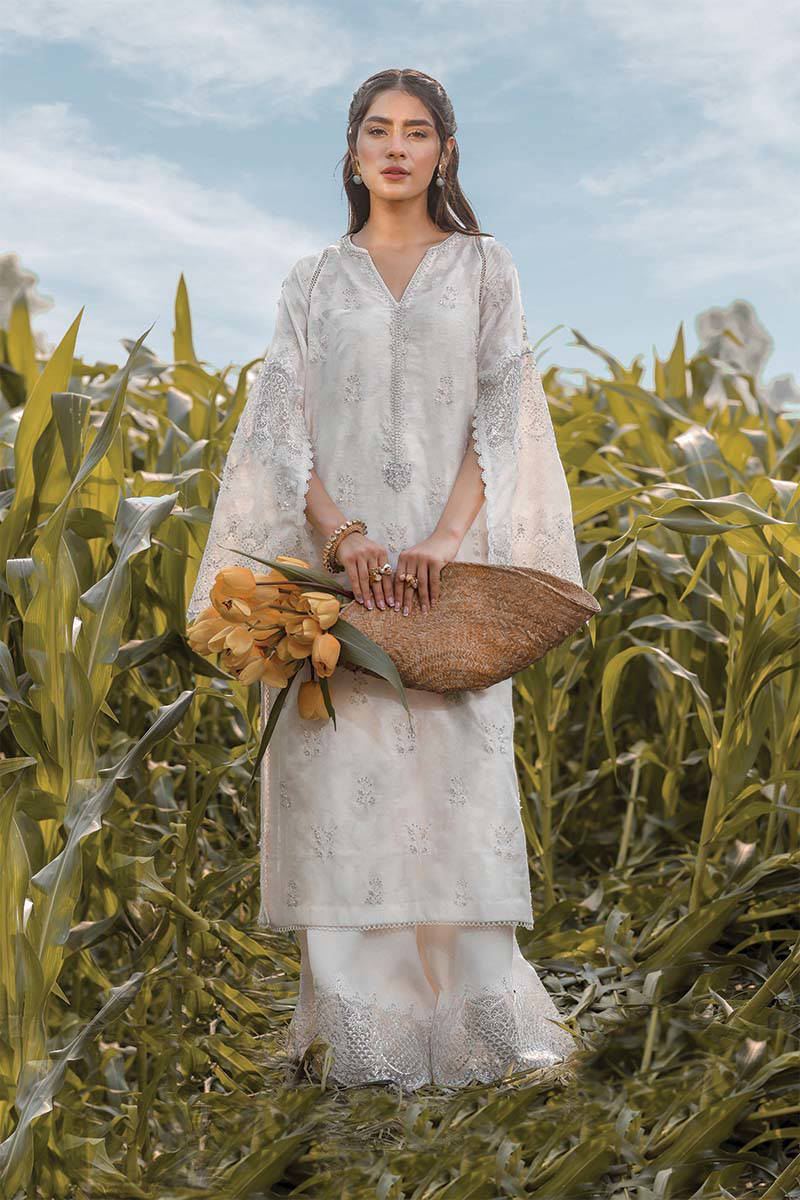 Milky White Embroidered Khaddi Net Salwar Kameez (2-Piece) - Image 1