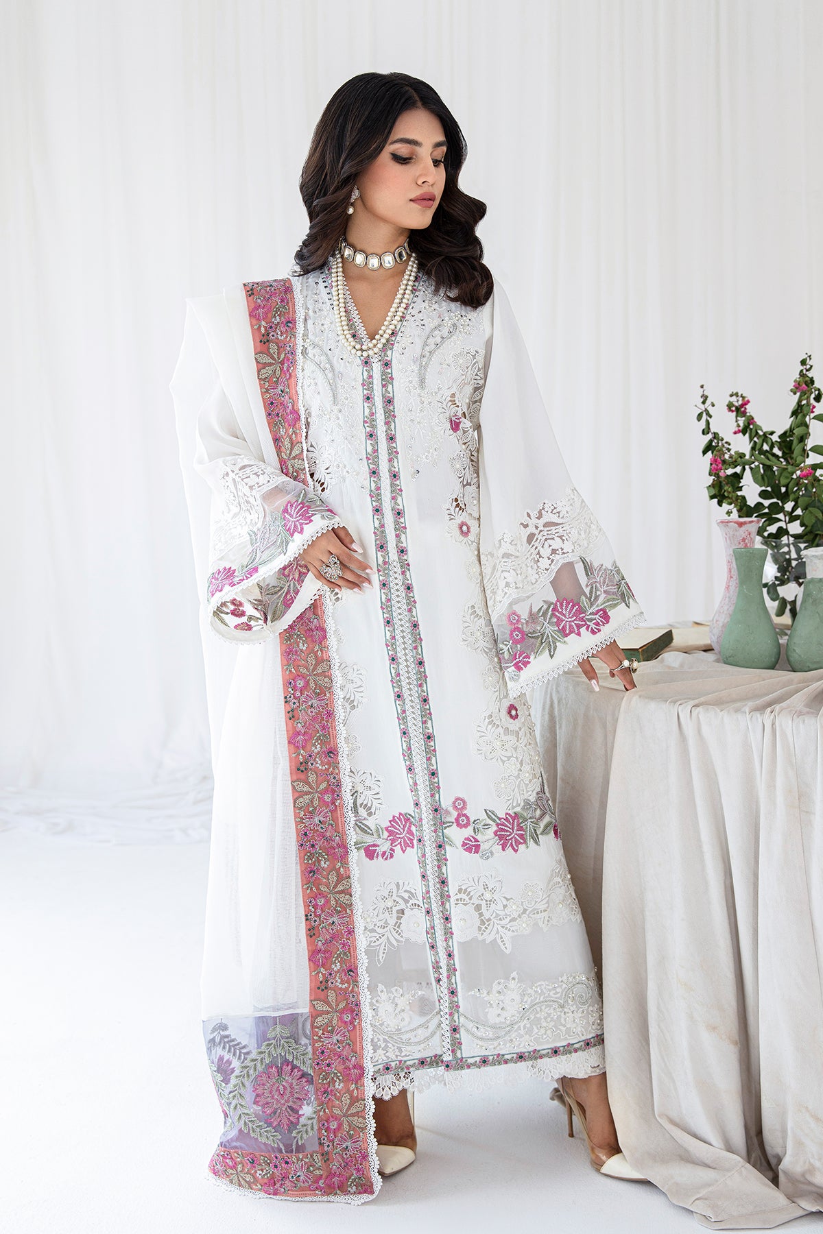 White Embroidered Korean Raw Silk Salwar Kameez (3-Piece) - Image 1
