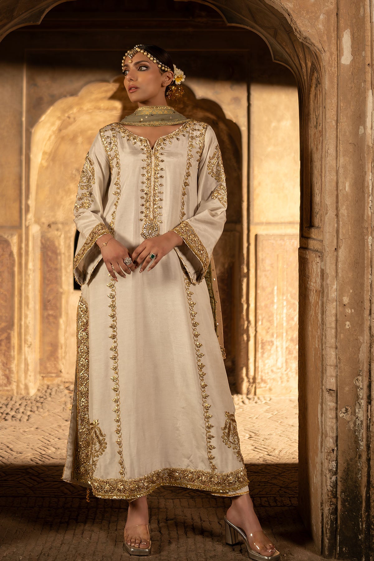 White Gota Embroidered Korean Silk A-Line Salwar Kameez (3-Piece) - Image 1