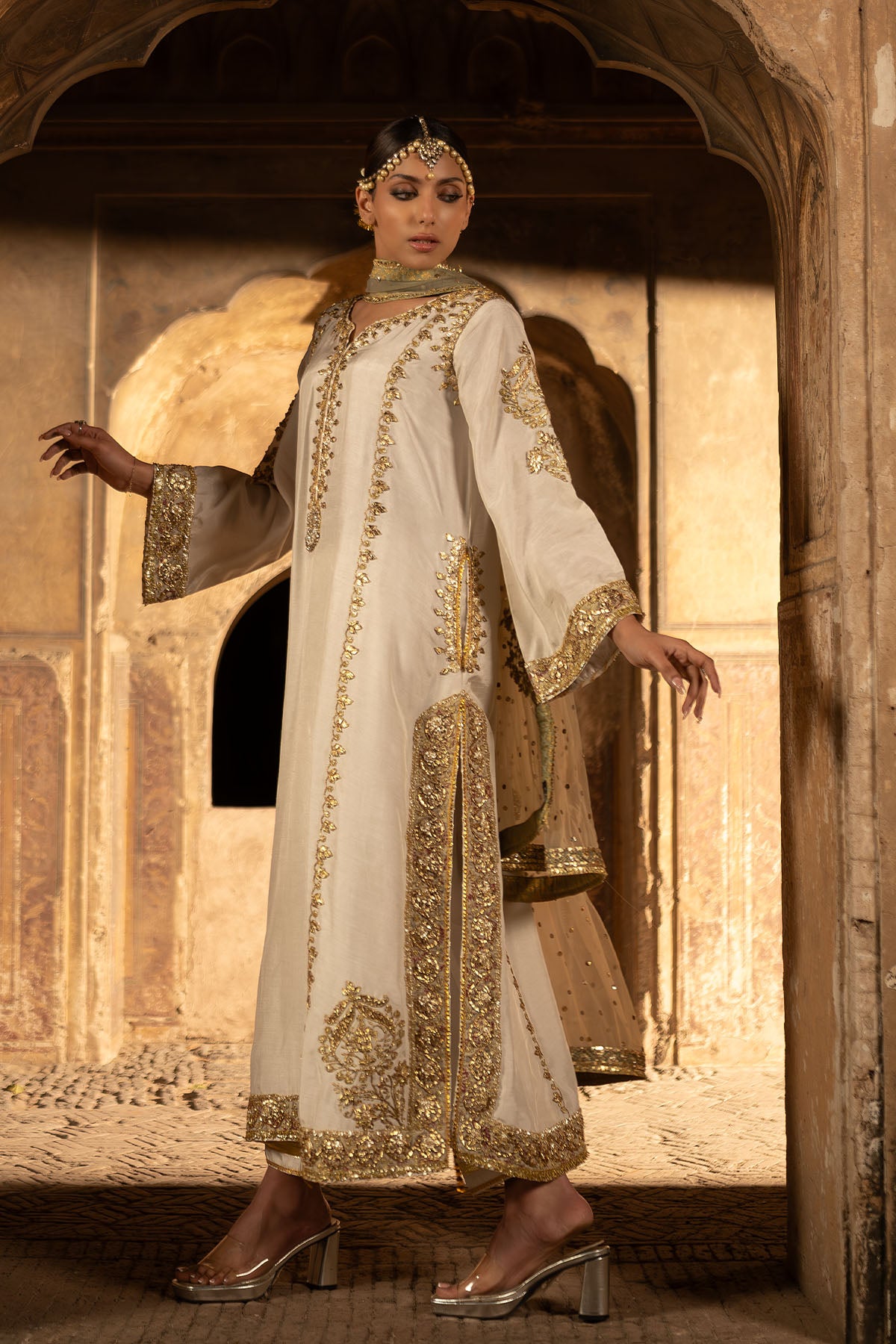 White Gota Embroidered Korean Silk A-Line Salwar Kameez (3-Piece) - Image 2