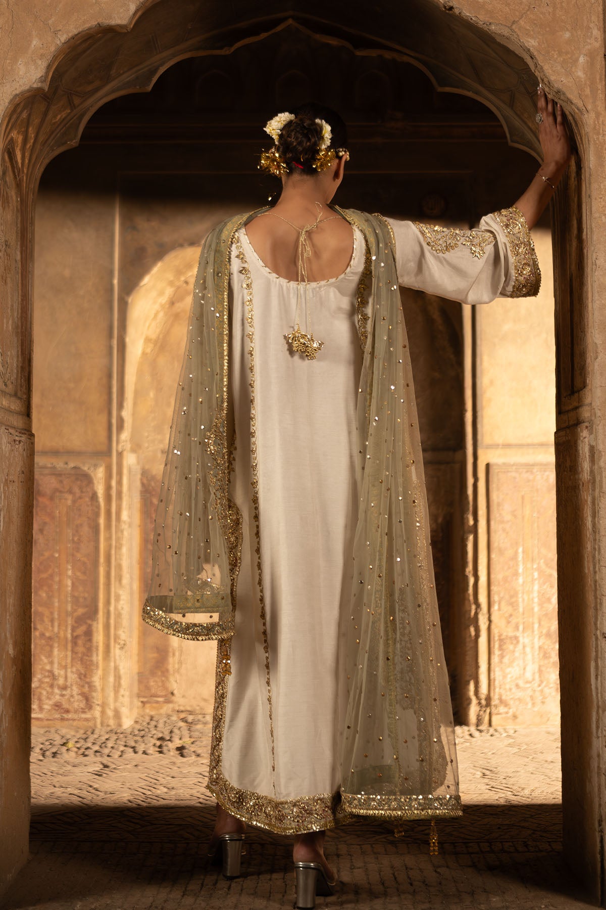 White Gota Embroidered Korean Silk A-Line Salwar Kameez (3-Piece) - Image 3