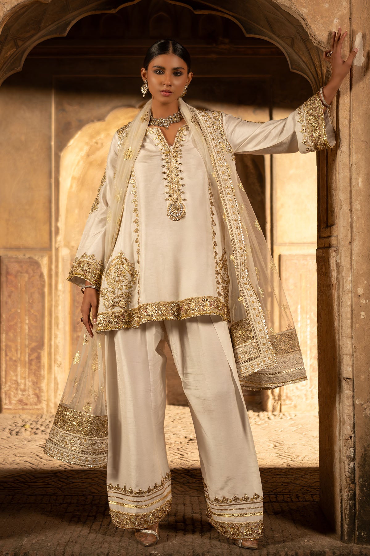 Pakistani White Gota Embroidered Korean Silk Salwar Kameez (3-Piece) - Image 1