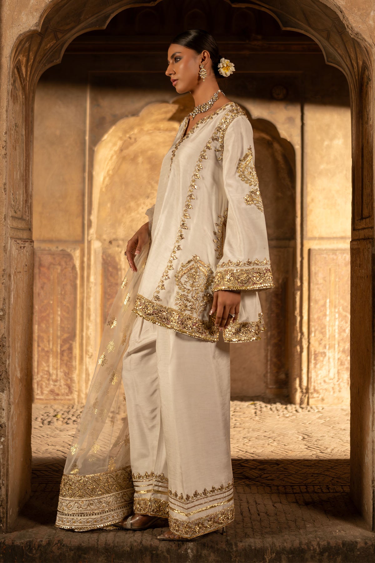 Pakistani White Gota Embroidered Korean Silk Salwar Kameez (3-Piece) - Image 2