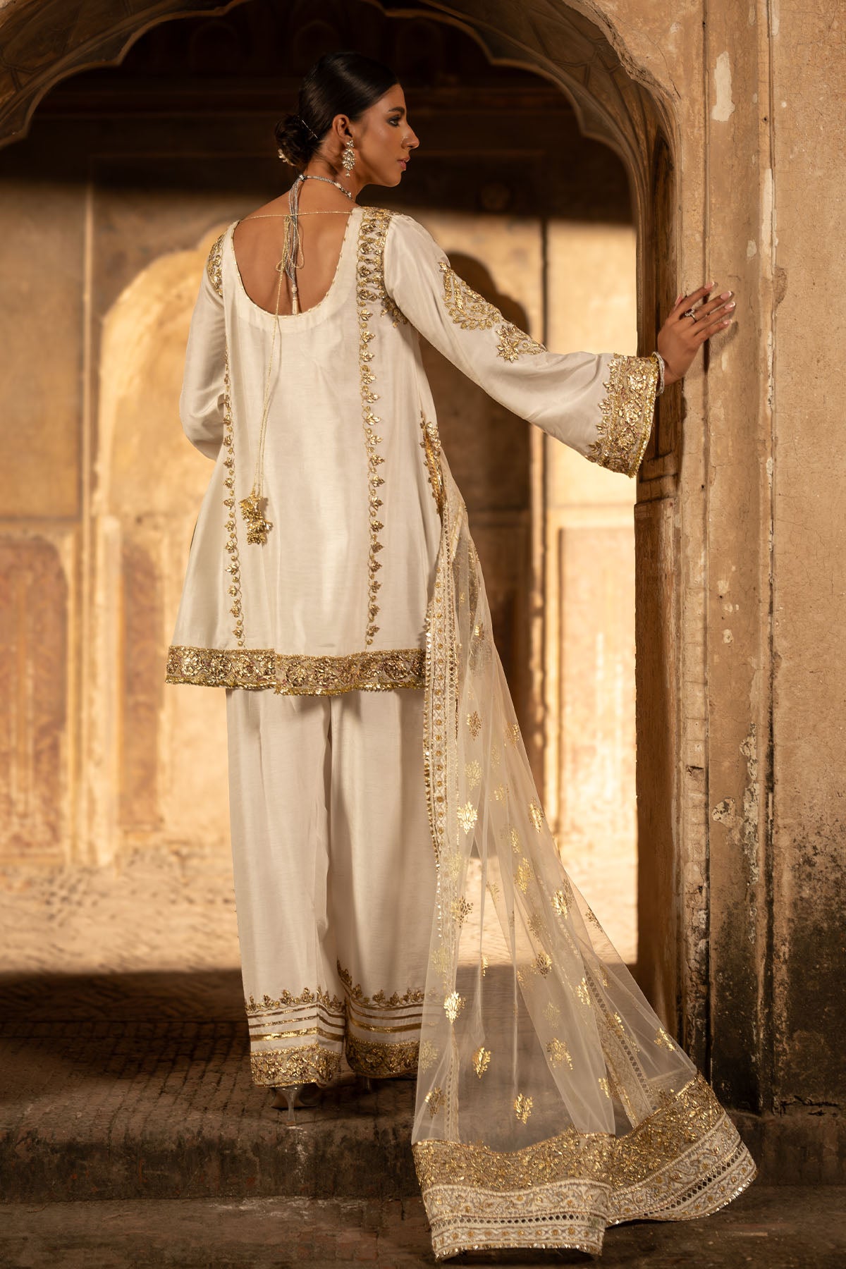 Pakistani White Gota Embroidered Korean Silk Salwar Kameez (3-Piece) - Image 3