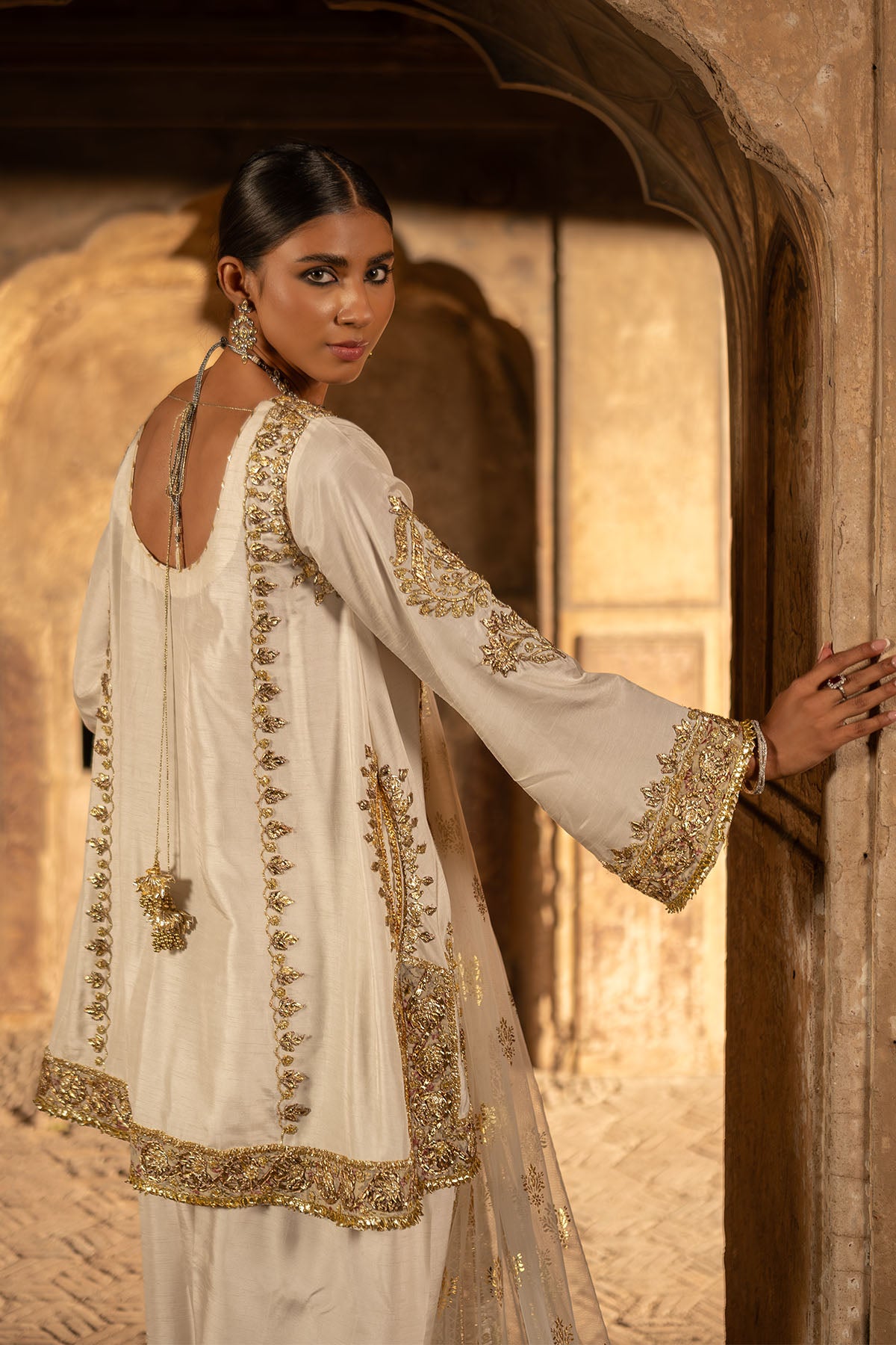 Pakistani White Gota Embroidered Korean Silk Salwar Kameez (3-Piece) - Image 4