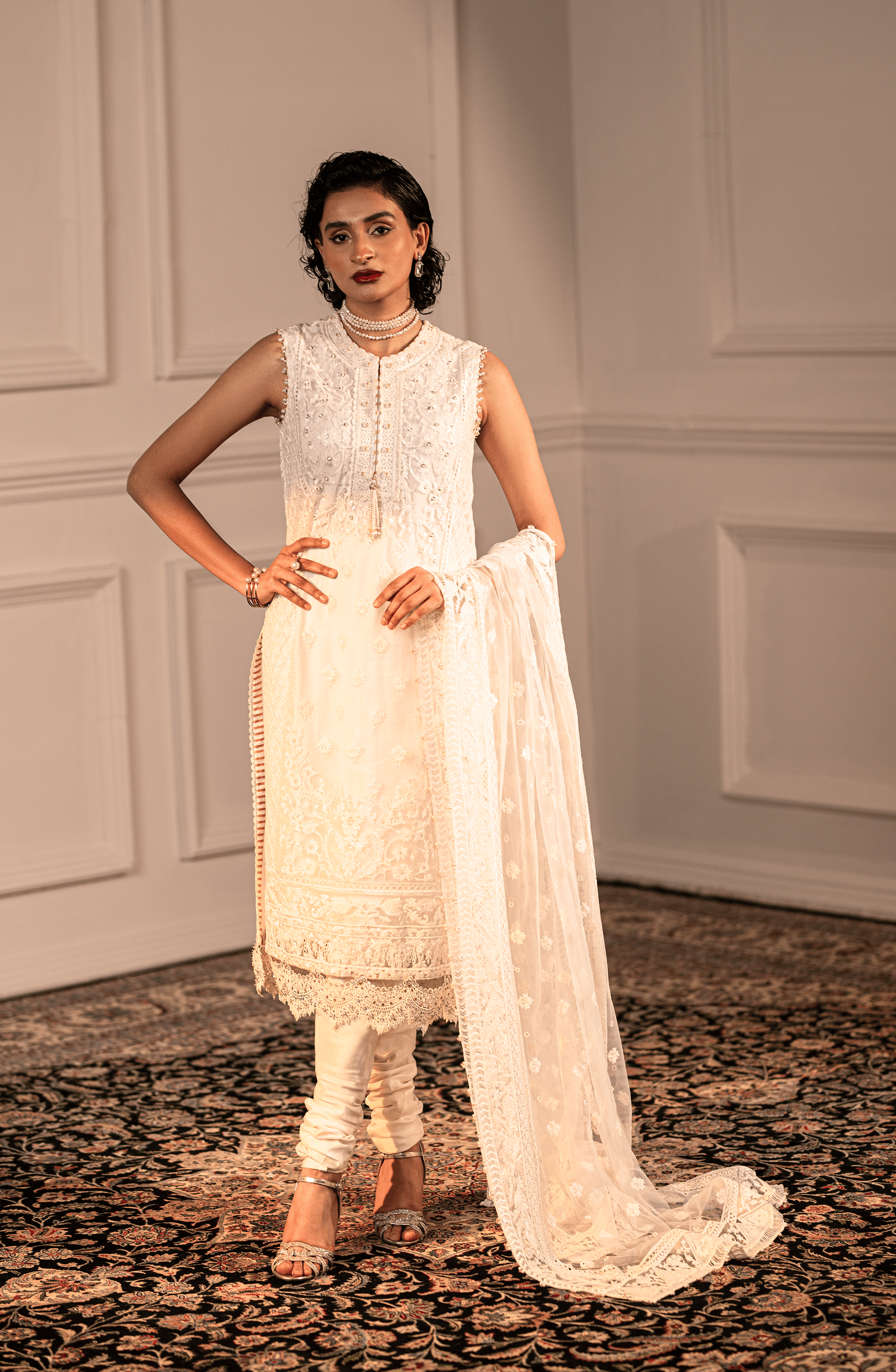 White Adda Work Net Kurta Set (3-Piece) - Image 1