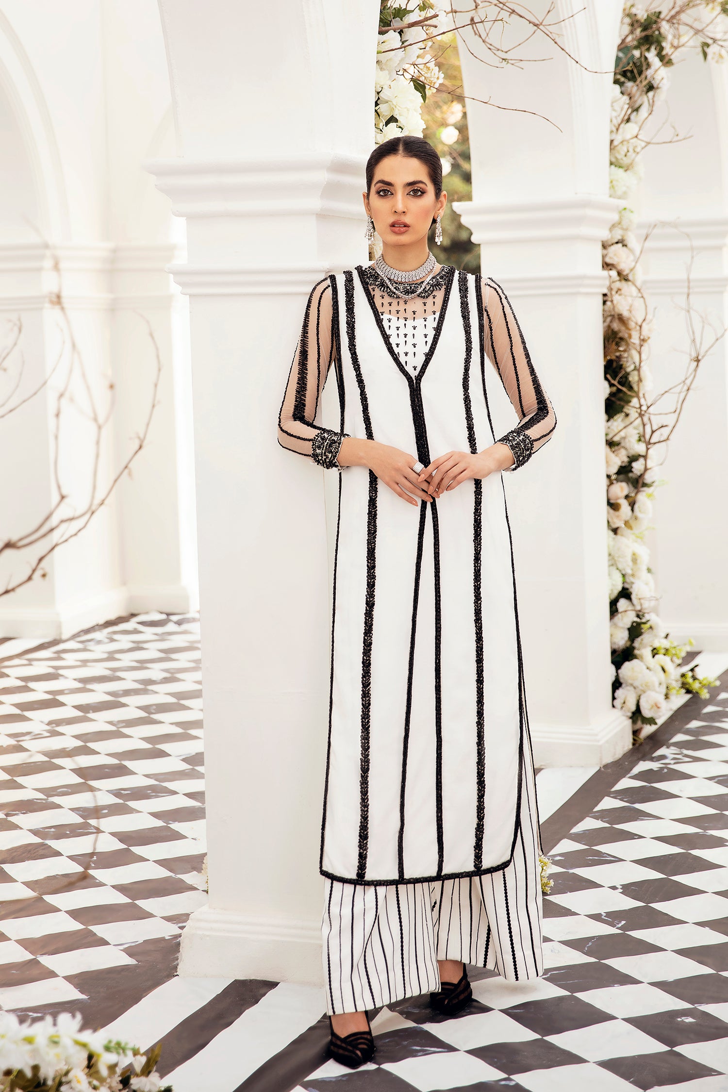 Pakistani White Beaded Net Salwar Kameez (3-Piece) - Image 1