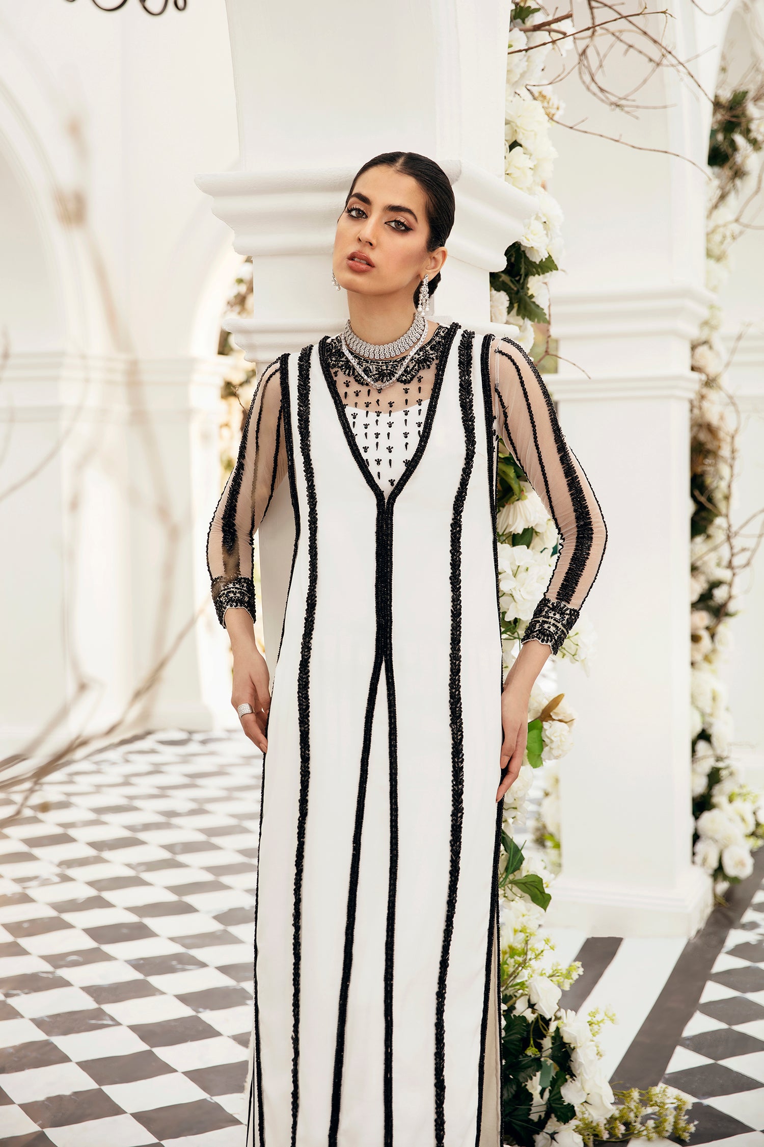 Pakistani White Beaded Net Salwar Kameez (3-Piece) - Image 2