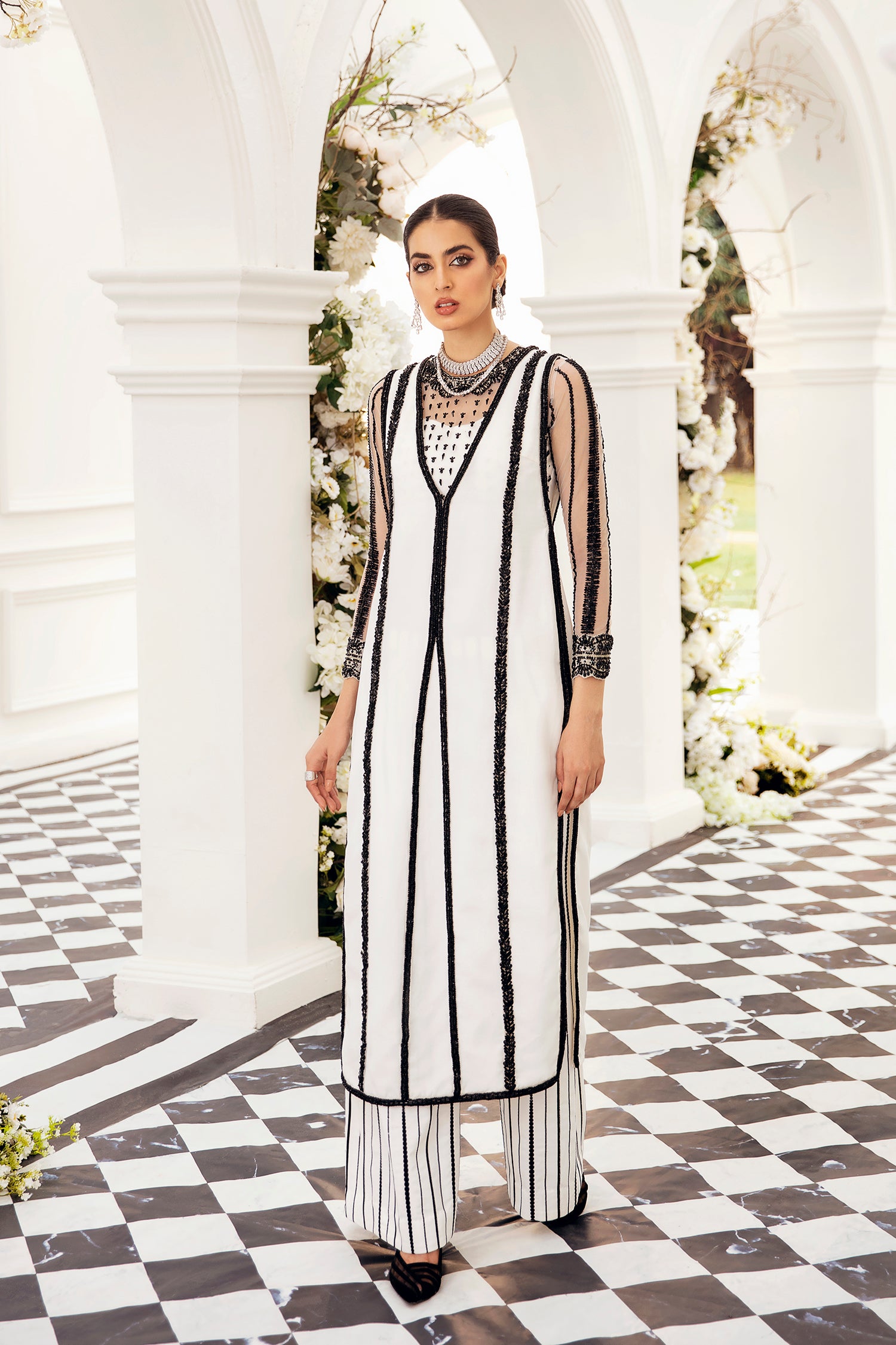 Pakistani White Beaded Net Salwar Kameez (3-Piece) - Image 3