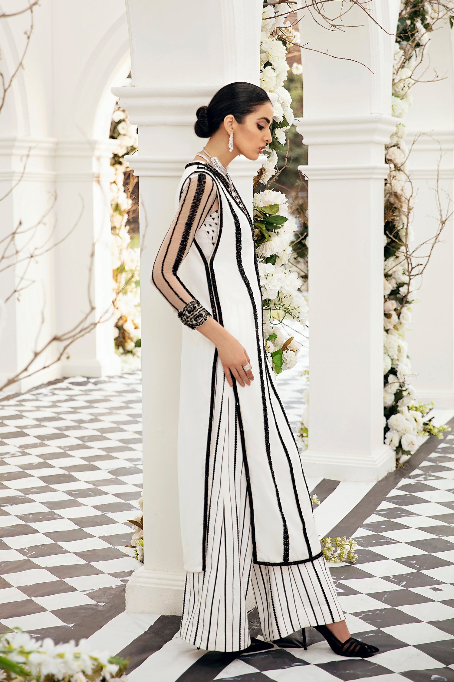 Pakistani White Beaded Net Salwar Kameez (3-Piece) - Image 4