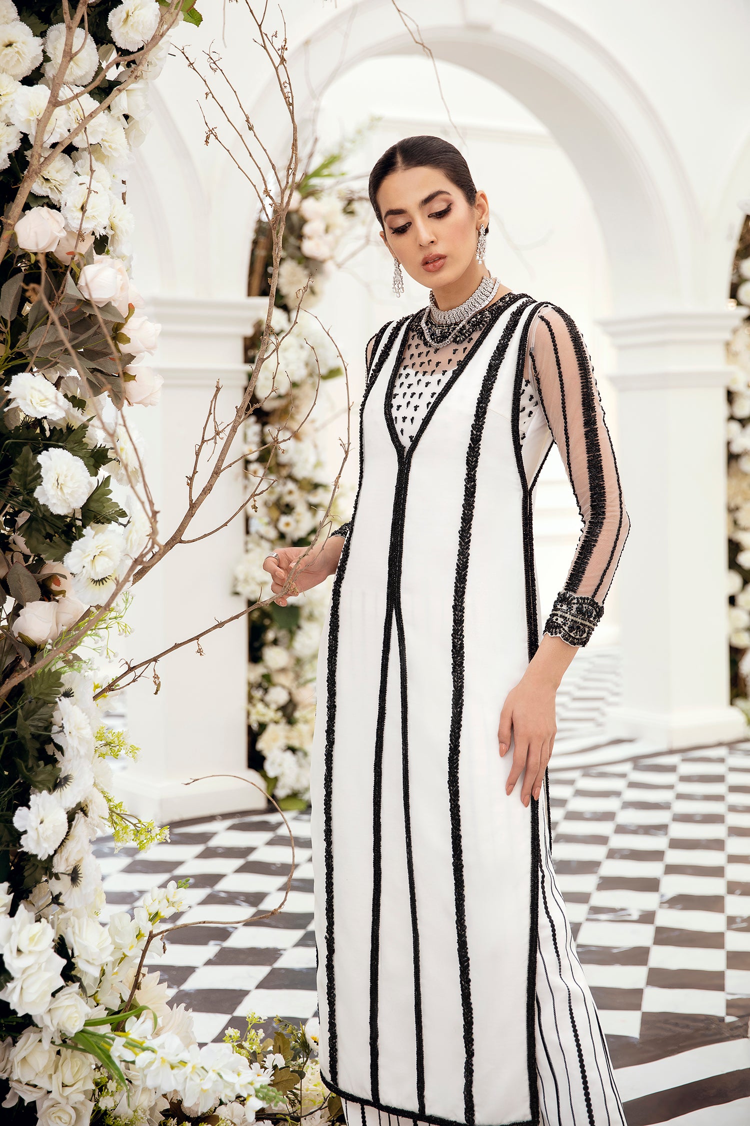 Pakistani White Beaded Net Salwar Kameez (3-Piece) - Image 5