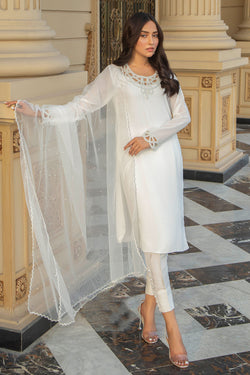 Pakistani White Hand-Embellished Salwar Kameez (3-Piece) - Image 1