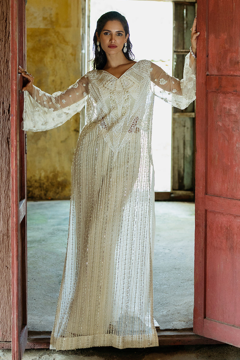 Pakistani White Embroidered Net Salwar Kameez (3-Piece) - Image 1