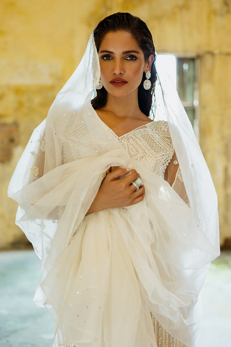 Pakistani White Embroidered Net Salwar Kameez (3-Piece) - Image 10