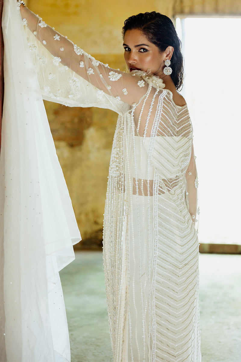 Pakistani White Embroidered Net Salwar Kameez (3-Piece) - Image 11