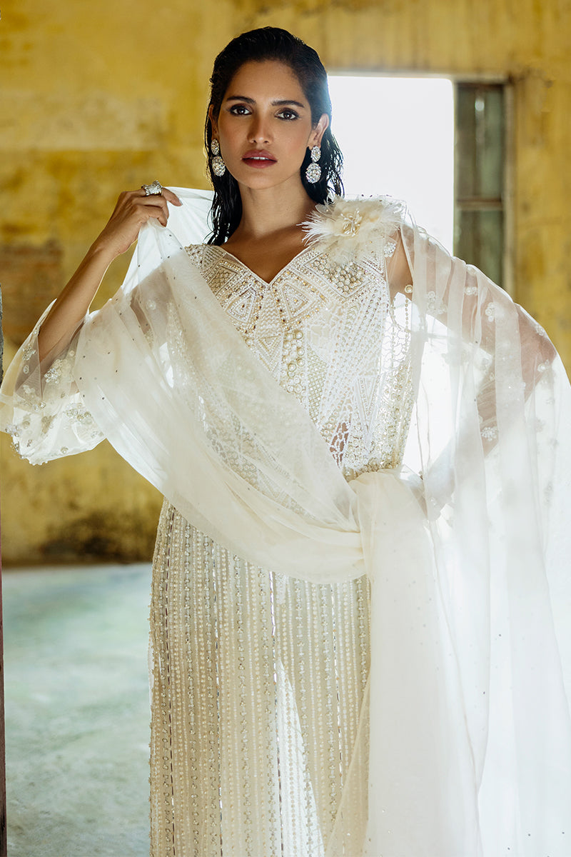 Pakistani White Embroidered Net Salwar Kameez (3-Piece) - Image 2