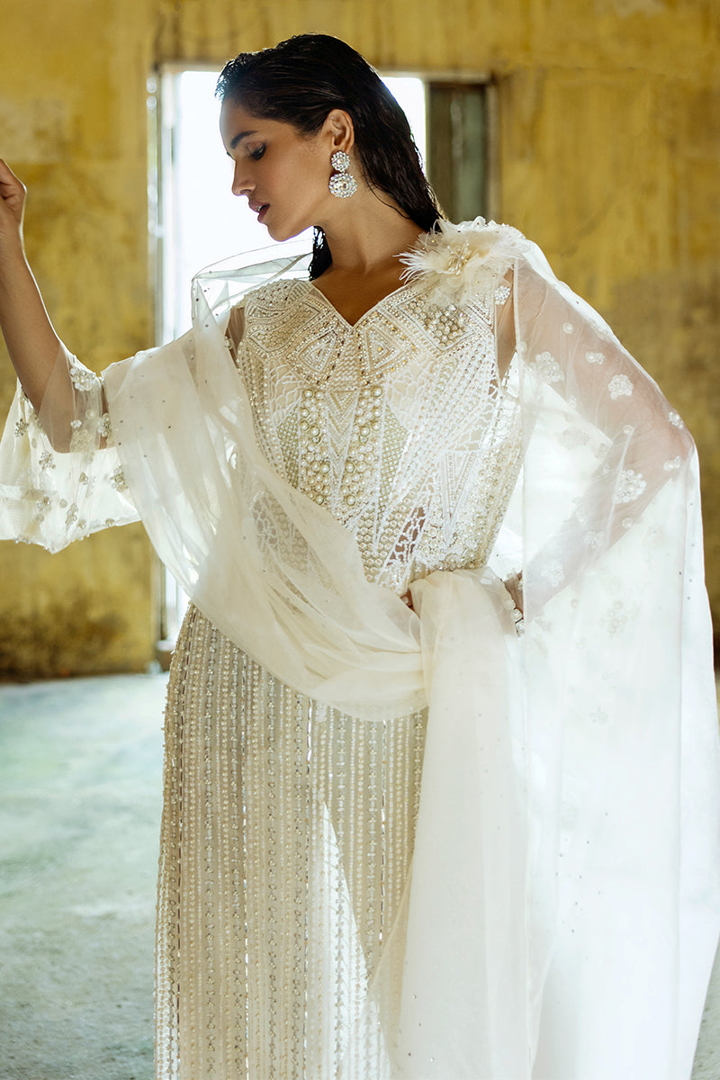 Pakistani White Embroidered Net Salwar Kameez (3-Piece) - Image 4