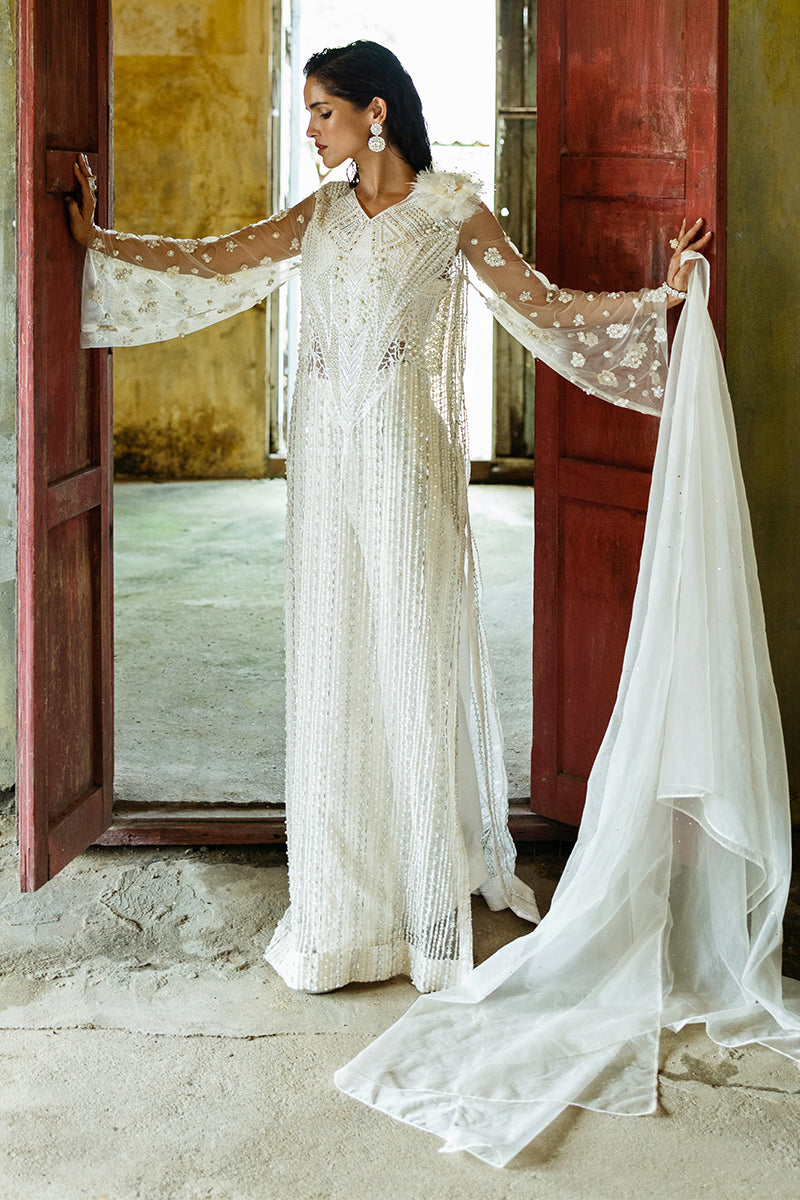 Pakistani White Embroidered Net Salwar Kameez (3-Piece) - Image 5