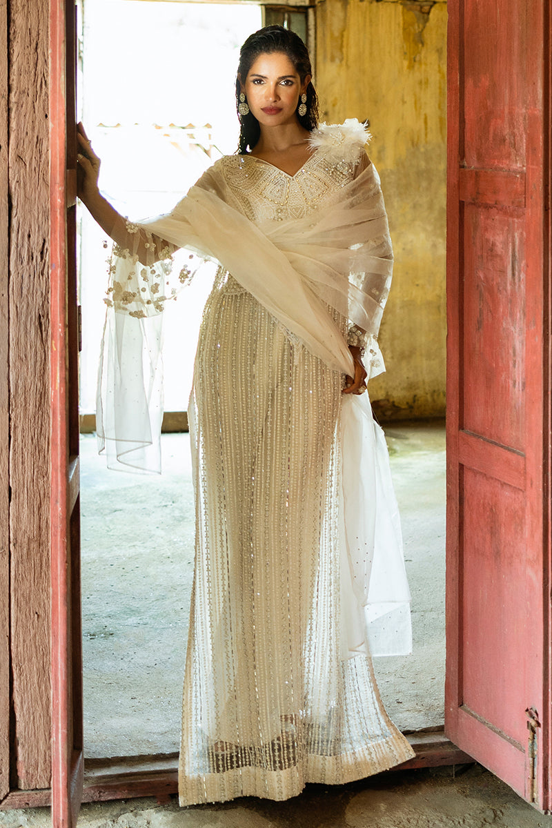 Pakistani White Embroidered Net Salwar Kameez (3-Piece) - Image 7