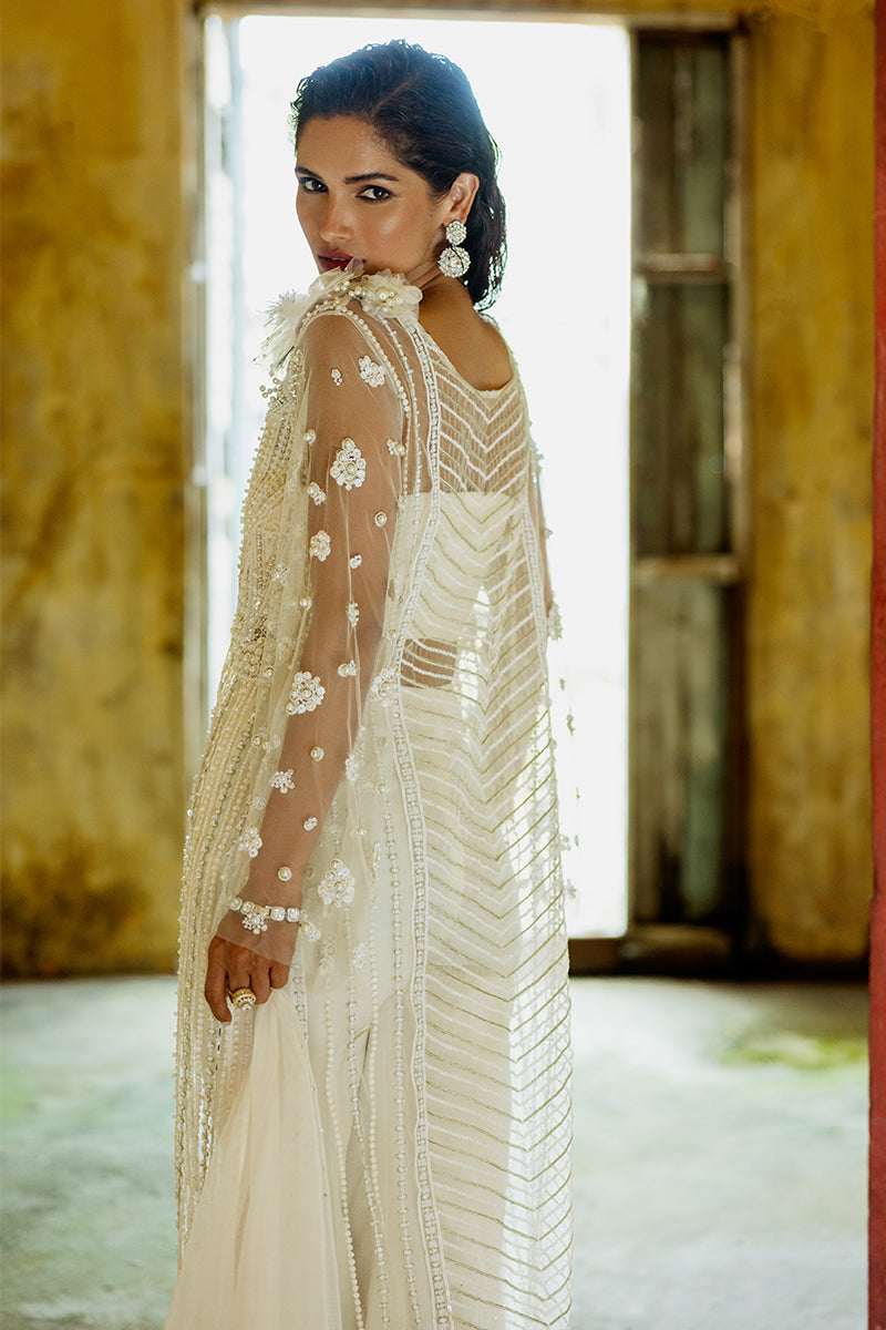 Pakistani White Embroidered Net Salwar Kameez (3-Piece) - Image 8