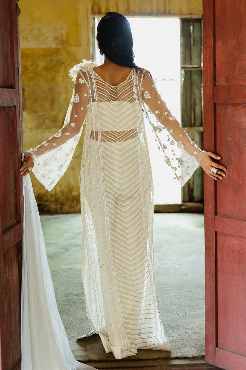 Pakistani White Embroidered Net Salwar Kameez (3-Piece) - Image 9