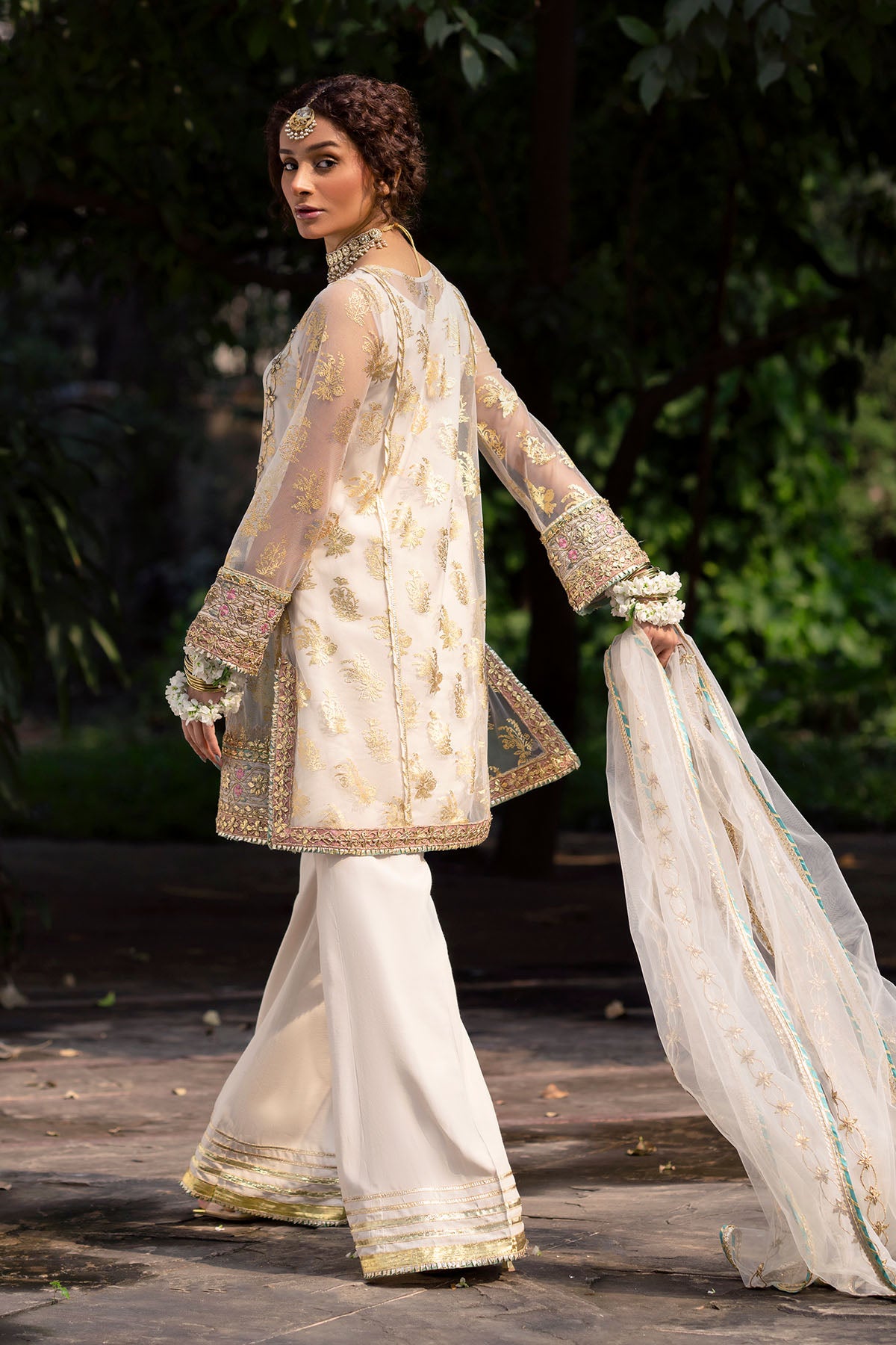 Pakistani White Gota Zari Net Salwar Kameez (3-Piece) - Image 3